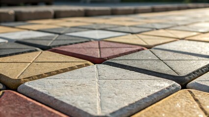 Poster - An artistic closeup of various paving stones arranged in a visually striking geometric design capturing the interplay of light and shadow on the surfaces.