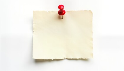 Poster - Blank note paper pinned to white background. Old paper sheet. Simple office home item. Empty communication pad. Business personal memo. Isolated object. Suitable for announcements reminders. Neutral