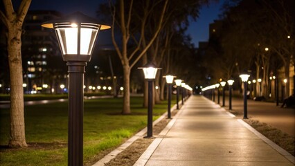 Poster - A nighttime shot showcasing a row of illuminated solar streetlights casting soft light on a walking path creating a safe and inviting atmosphere in the public space.