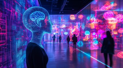 Wall Mural - Wireframe head with brain faces digital displays.