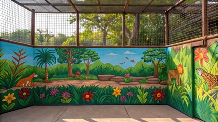 Aufkleber - An upclose shot of a painted mural depicting a natural habitat on the inner wall of an animal enclosure adding color and life to the space with vibrant imagery of flora and fauna.