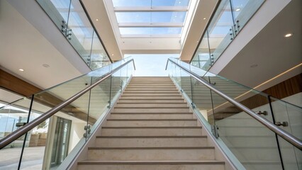Poster - A view from the ground level looking up at the staircase with newly installed glass railings allowing a perspective of the open and airy feel they create in the space.