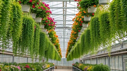 Poster - A view of hanging plants cascading down from elevated shelves with a gradient of greens and colorful flowers forming a lush curtain of life inside the greenhouse.