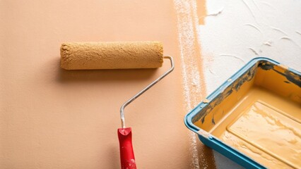 Aufkleber - A vividly colored paint roller gliding across a smooth beige wall leaving behind a thick even application of paint with visible texture.