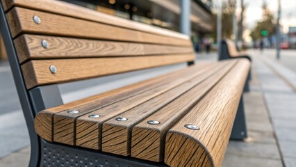 Poster - Closeup focus on the smart benchs sustainable materials showcasing wood grain and metal textures emphasizing an ecofriendly approach to urban furniture.