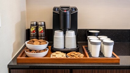 Poster - Closeup of a coffee station set up in the corner of the room featuring an array of coffee mugs a sleek coffee machine and snacks indicating the need for comfort and energy during
