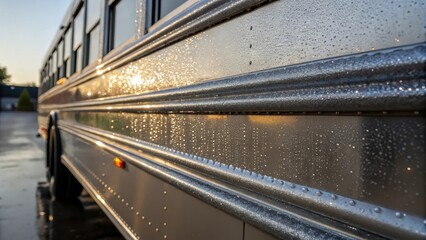 Poster - Closeup of a freshly cleaned bus body showcasing the shine and reflections of natural light on the surface with droplets of water still clinging to its edges.