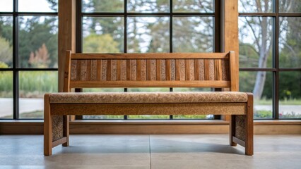 Aufkleber - Closeup of a finished bench made from sustainable materials showcasing craftsmanship and comfort with surrounding nature visible through large windows.