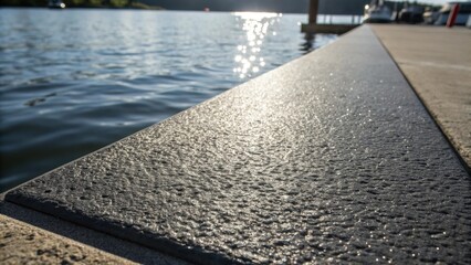 Aufkleber - Closeup of a freshly laid slipresistant surface on a ramp highlighting the rough texture that contrasts with the smooth water surface nearby capturing the moment sunlight reflects