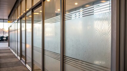 Poster - Closeup of a glass partition finished with frosted film for privacy showcasing subtle textures and light diffusion while maintaining visibility.