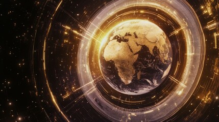 Poster - hologram of futuristic planet earth with digital glowing map of dots into cyberspace. hi-tech hud ci