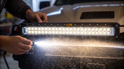Poster - Closeup of an LED light bar shining brightly as a technician positions it before final adjustments illuminating dust particles in the air.