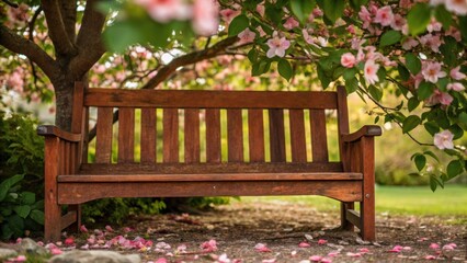 Poster - Closeup of a rustcolored wooden bench nestled under a flowering tree offering a peaceful spot for visitors to relax and connect with nature.
