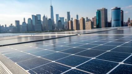 Aufkleber - Closeup of a solar panels surface reflecting an expansive skyline symbolizing the integration of sustainable energy in urban environments.