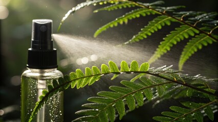 Poster - Closeup of a spray bottle misting delicate ferns with droplets glistening in the soft light highlighting the care given to maintaining humidity levels.