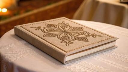 Poster - Closeup of a tactile fabric book cover with embroidered art motifs resting on a simply adorned table with a warmtoned background inviting a handson experience.