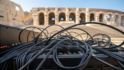 Aufkleber - Closeup of audio cables intricately woven around the amphitheaters stage highlighting the organized chaos of modern sound setup against a backdrop of historic stone.