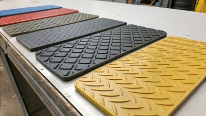 Aufkleber - Closeup of a variety of slipresistant materials laid out on a workbench including rubber composite and textured paint samples each showcasing unique surface patterns.
