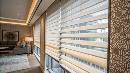 Aufkleber - Closeup of a window with fresh blinds being hung capturing the play of light filtering through the new fabric against the backdrop of a modernized room.