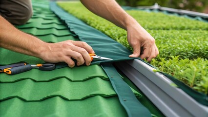 Poster - Closeup of a worker securing an edge of the green roof with landscape fabric focusing on the hands and tools involved in maintaining structure and stability.