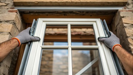 Poster - Closeup of a workers hands as they install energyefficient windows emphasizing the fusion of modern glass technology with old architectural styles.