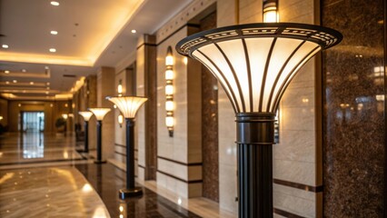 Poster - Closeup of innovative lighting fixtures casting soft ambient light across the lobby highlighting architectural features and creating a warm atmosphere.