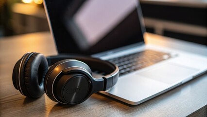 Aufkleber - Closeup of highquality headphones resting on a desk next to a laptop suggesting an immersive audio and video experience available in the room.