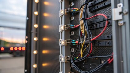 Aufkleber - Closeup of intricate wiring connections being secured on the back of an LED billboard showcasing the complexity of the electrical setup.