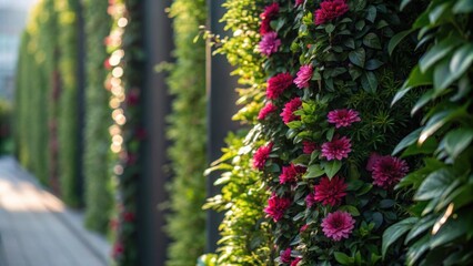Aufkleber - Closeup of intricate plant textures in a vertical garden featuring juxtaposed greenery and blooms capturing the reflection of natural light that creates a stunning visual display.