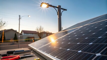 Aufkleber - Closeup of sunlight hitting the solar panels during installation emphasizing their efficiency in harnessing solar energy for street lighting.