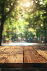Aufkleber - Empty wooden table top with blurred park background