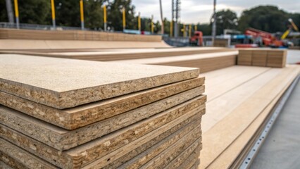 Aufkleber - EcoFriendly Materials A closeup of ecofriendly composite materials stacked neatly at a construction site demonstrating the sustainable approach to refurbishing urban skateparks.