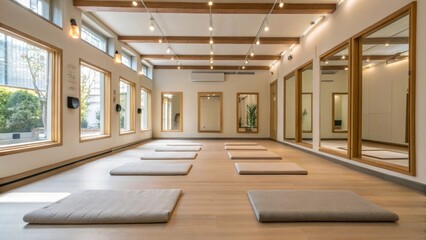 Poster - Medium closeup of a bright open stretching area with plush mats and wall mirrors encouraging flexibility and wellness practices a users.