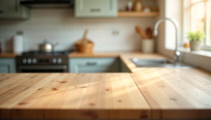 Poster - Empty light wooden kitchen tabletop. Sunbeams shine on light brown wood surface. Blurred background shows interior design of light-green kitchen. Modern home interior style. Home cafe interior