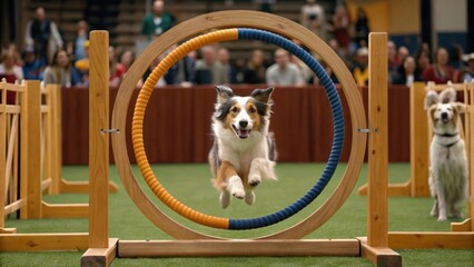Aufkleber - Medium closeup of a dog jumping through a large hoop suspended on a wooden frame surrounded by excited spectators and other dogs nearby.