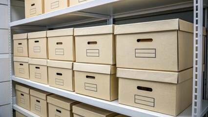 Poster - Medium closeup of a stack of archival boxes made from acidfree material neatly arranged on a minimalist shelving unit emphasizing preservation standards.