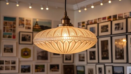 Aufkleber - Medium closeup of a warm light fixture being lowered from the ceiling with an array of photographs and art pieces cleverly arranged in the background.