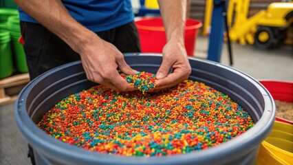 Aufkleber - Medium closeup of a workers hands mixing colorful rubber granules and binding agents illustrating the process of creating a safe and fun playground surface.