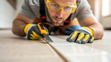 Aufkleber - Medium closeup of a worker using a utility knife to trim the edge of a flooring tile with an emphasis on safety gear and the meticulous nature of the task.