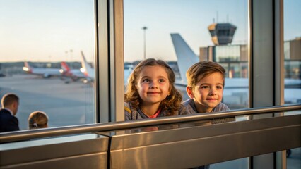 Poster - Medium closeup of children eagerly peering out of large panoramic windows at the terminal admiring the view framed by sleek modern finishes and natural light.