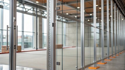 Aufkleber - Medium closeup of glass partitions being assembled with metal framing in the background showcasing the ergonomic design for modern workspaces.