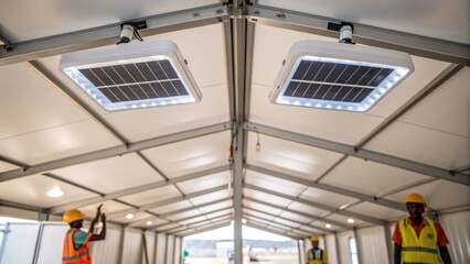 Poster - Medium closeup of solarpowered lighting fixtures being installed on the ceiling of a modular evacuation center showcasing ecofriendly options for emergency situations.