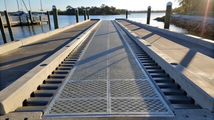 Aufkleber - Medium closeup of the improved boat ramp structure featuring reinforced edges and drainage channels with sunlight casting dynamic shadows over the newly designed features.
