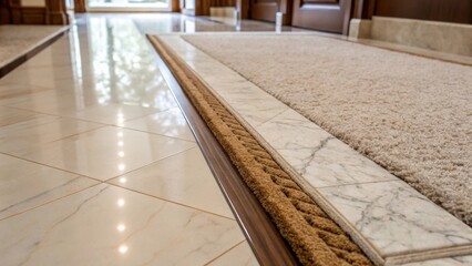 Aufkleber - Medium closeup of the flooring transition where polished marble tiles meet soft carpet highlighting the intentional design choices that blend elegance with comfort.