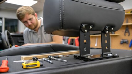 Poster - Medium closeup of the installation process showcasing a bracket being secured to hold the new seat in place with tools and a focused expression in the background.