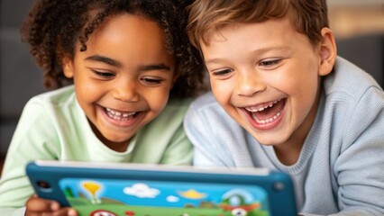 Aufkleber - Medium closeup of two young children laughing and engaging with a touchscreen game with playful graphics illuminating their captivated expressions.