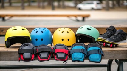 Aufkleber - Safety Gear A medium closeup of various safety gear laid out on a bench featuring helmets knee pads and elbow pads symbolizing safety in skateboarding culture.