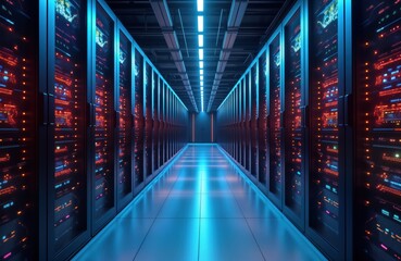 Fototapete - Rows of rack-mounted servers in data center. Modern tech infrastructure for cloud computing, big data. Cool blue, orange lights highlight server equipment. Central aisle runs through room. Tech
