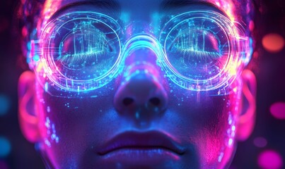 Wall Mural - Person with digital glasses in vibrant blue light.