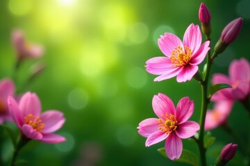 Wall Mural - Vibrant pink spring flowers, lush green backdrop, flower background, closeup